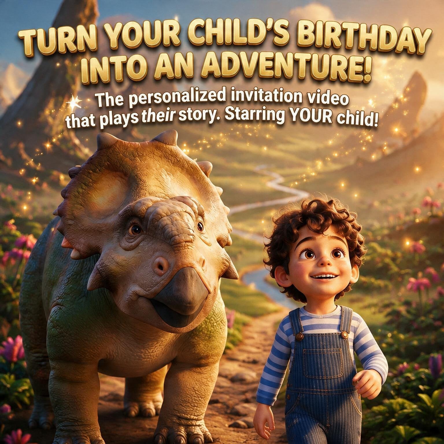 Dinosaur themed personalized birthday invitation video thumbnail showing a child in a prehistoric adventure scene