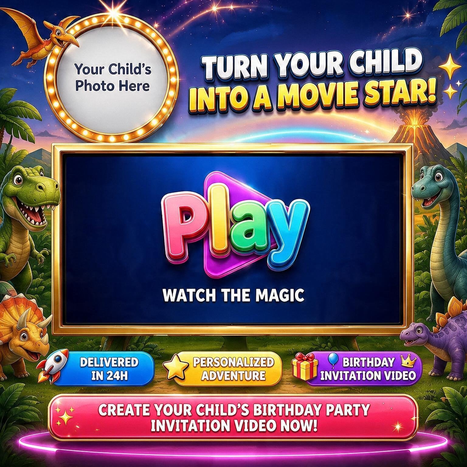 Dinosaur birthday party invitation video style, matching the pilot themed design